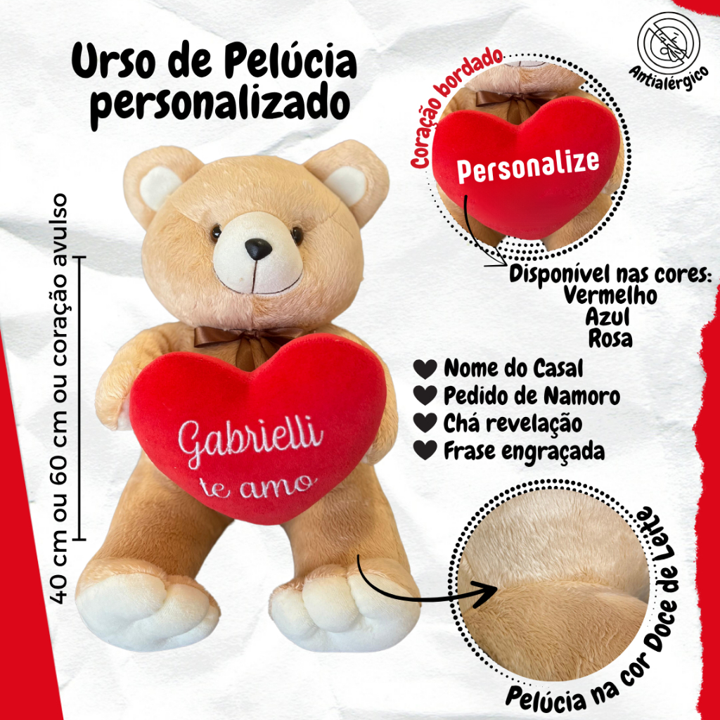 Ursinho de Pelúcia Personalizado Bordado com nome frase namoro casamento Coração Vermelho Rosa Azul em Oferta na Shopee