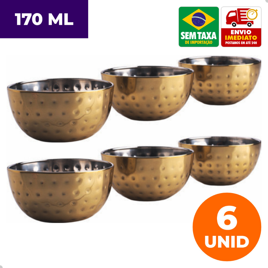Taça Bowl Sobremesa Inox Martelado 170ml 180ml Kit 3 ou 6 Unidades Prata Dourado