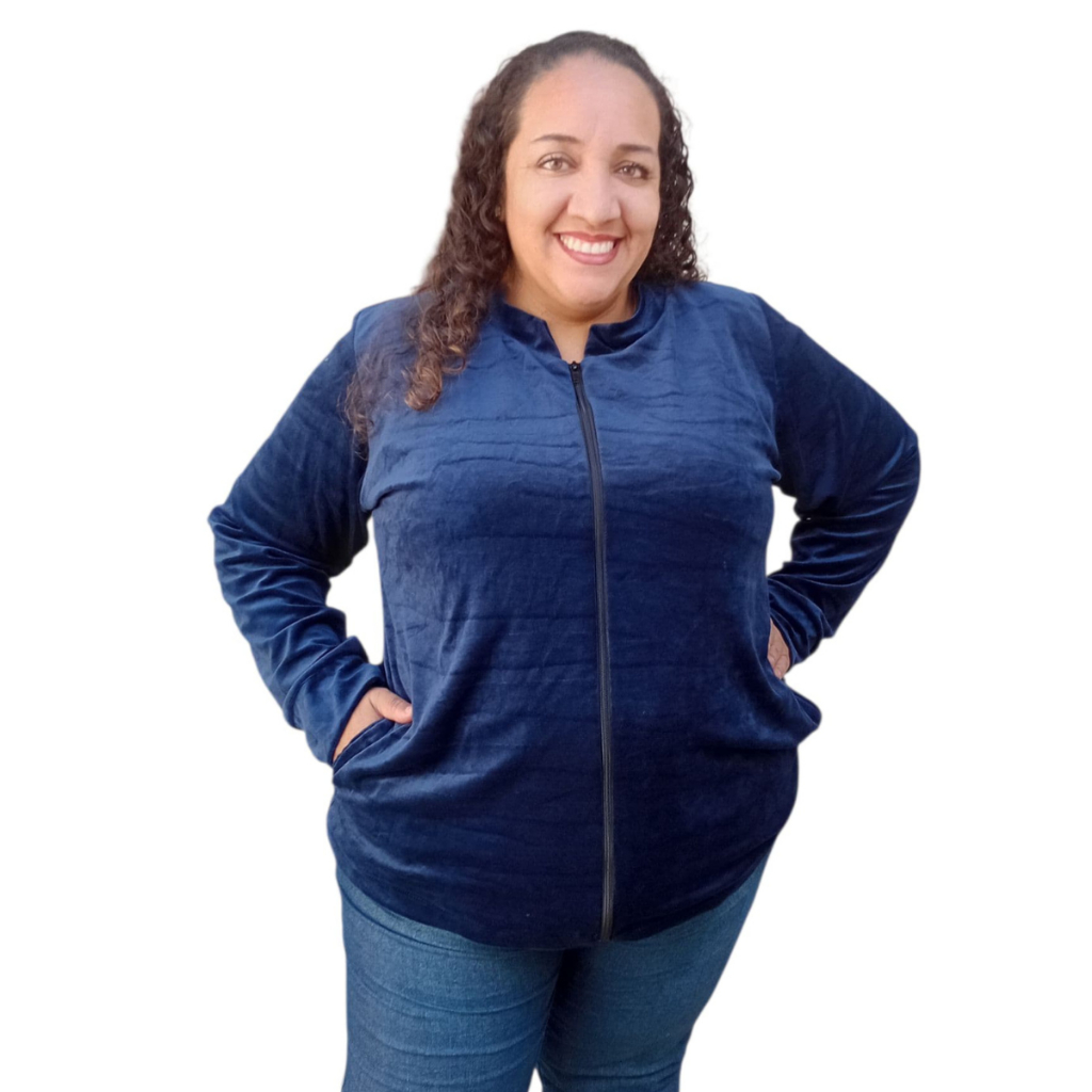 Jaqueta com Gola Plus Size Feminina de Plush/Veludo com Zíper e Bolsos Laterais Tamanho 40 ao 64