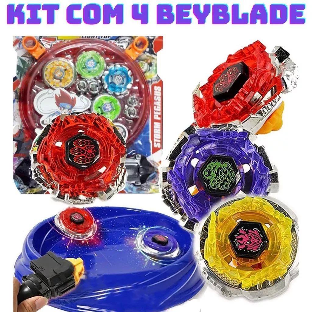 Kit 2/4 Beyblade Metal Com Led Luz + 2 Lançadores + 4 Ponteiras + Arena Brinquedo Pião Luz