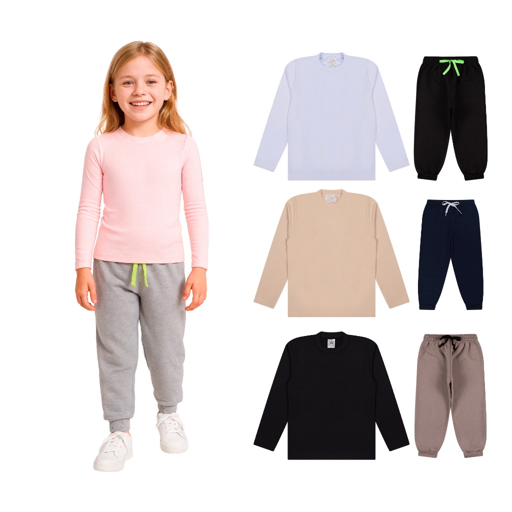 Kit 2, 4 ou 8 Peças Conjunto Blusa Térmica Manga longa e Calça Moletom Menina Infantil Meia Estação Bebê Roupa Inverno em Oferta na Shopee