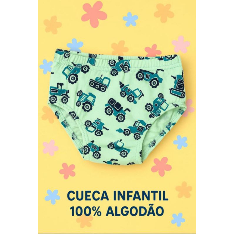 Kit 5 Cuecas Infantis Slip, 100% algodão, conforto dia a dia