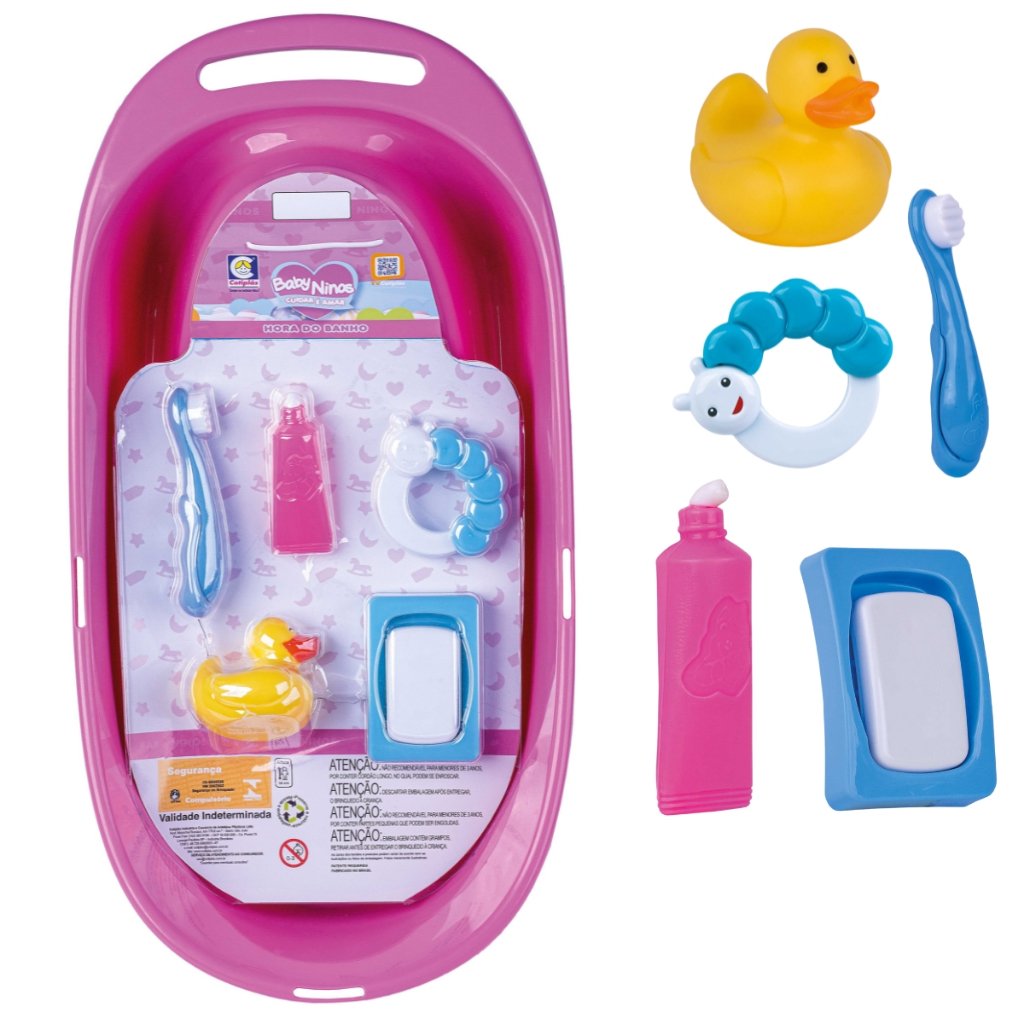 Banheira de Boneca Hora do Banho Coleção Baby Ninos Cotiplás Rosa Acessórios Sabonete Pasta Escova