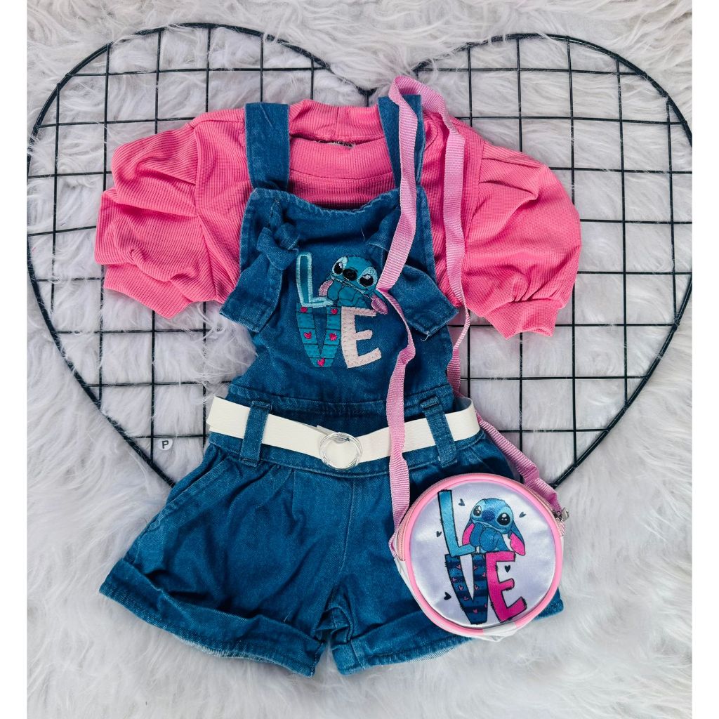Conjunto infantil menina blogueirinha jardineira Jeans 4 peças