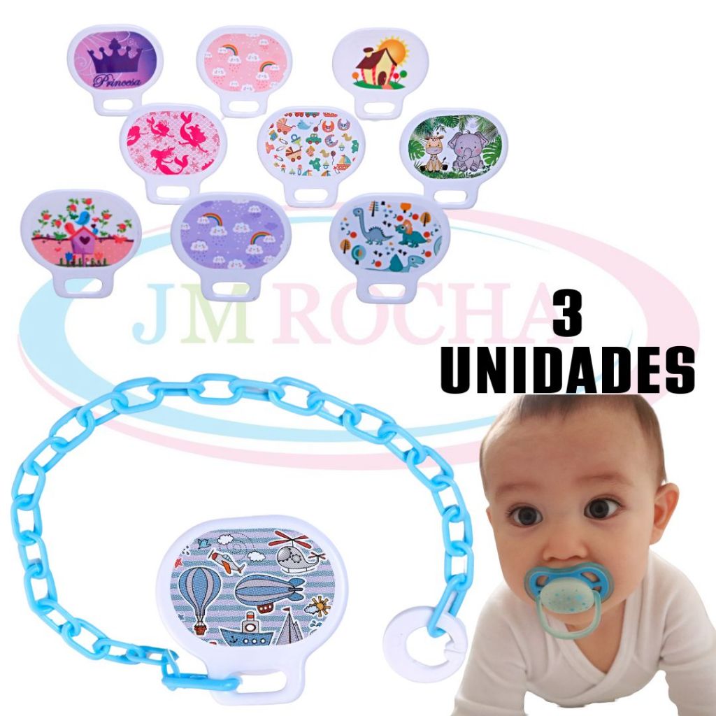 Prendedor de Chupeta Fantasia de Plástico (3 Unidades) Murano  -  Coloridos, Seguros e Estilosos | Envio Imediato
