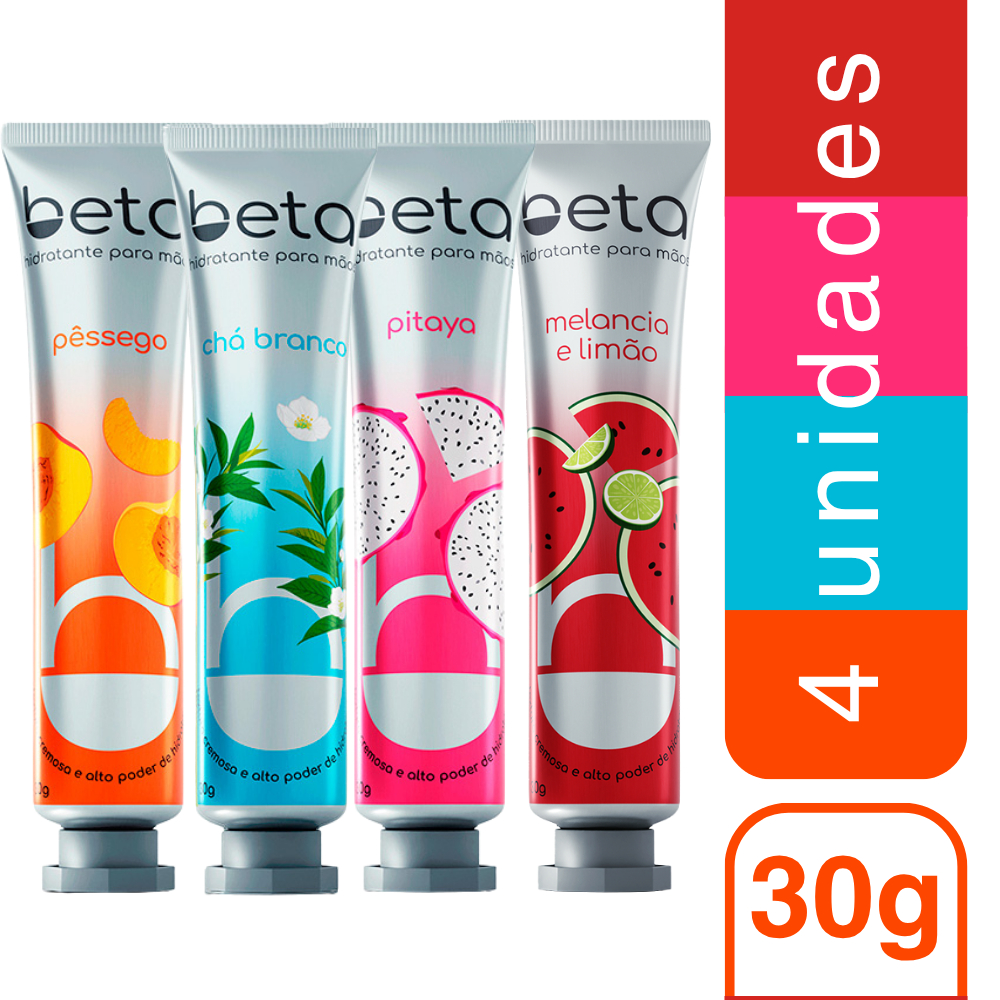 Kit com 4 Creme Hidratante Para as Mãos Beta Pêssego + Chá Branco + Pitaya + Melancia e Limão 30g em Oferta na Shopee