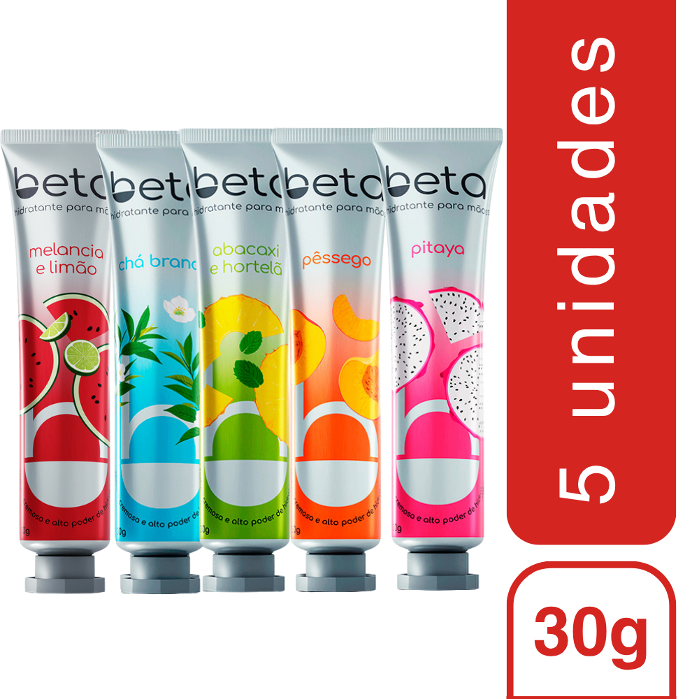 Kit com 5 Creme Hidratante Para As Mãos Beta Pêssego + Abacaxi e Hortelã + Chá Branco + Pitaya + Melancia e Limão 30g em Oferta na Shopee