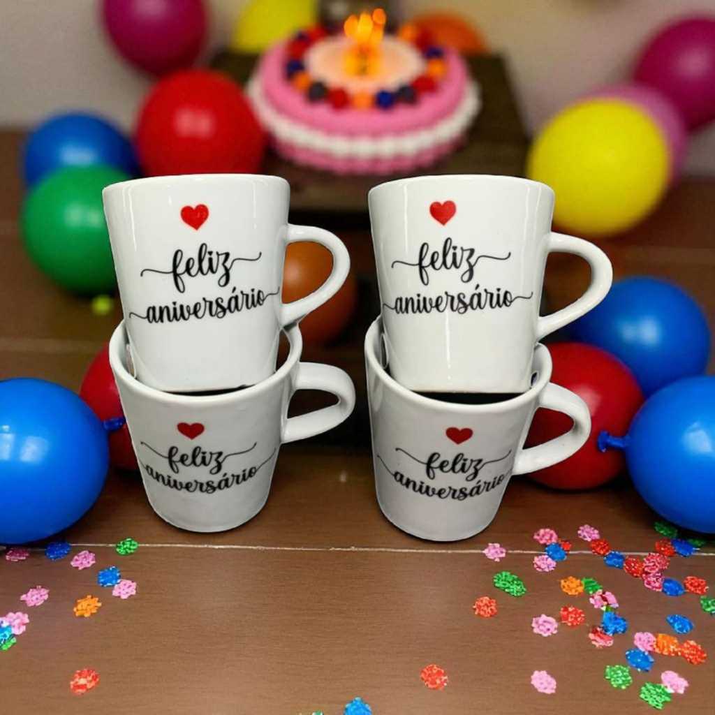 Kit Caneca Porcelana Feliz Aniversario Xícara Café Chá Lembrancinha Festa — imagem 2 de 2