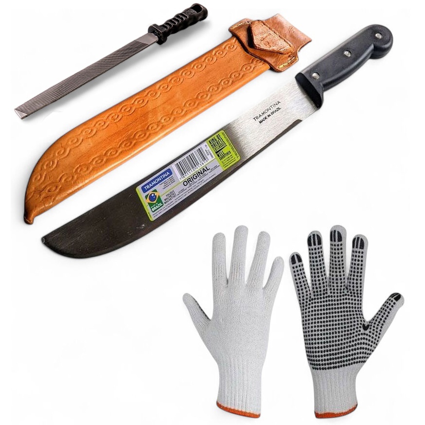 Kit facão para mato galho cana jardinagem 12" polegadas Tramontina + bainha couro + lima + luvas