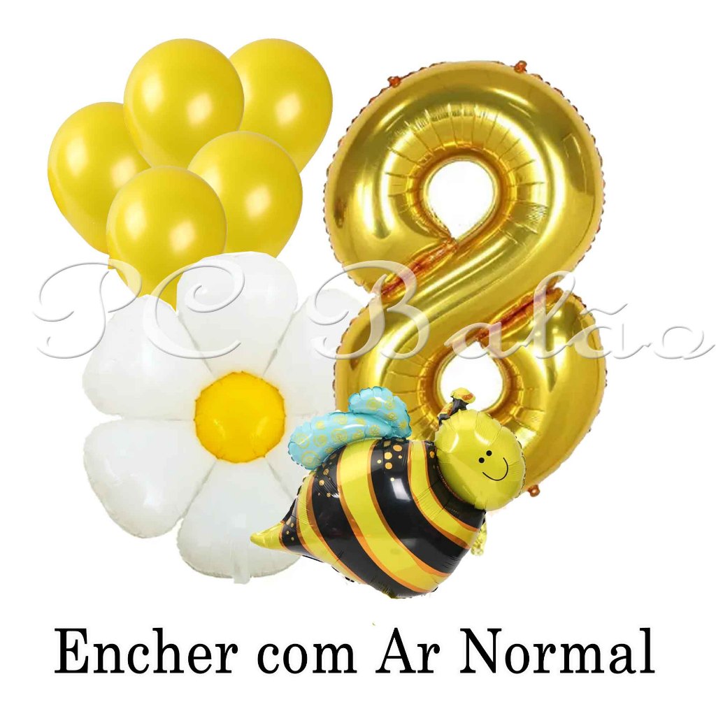 Kit 8 Balão Metalizado 1 Flor Branca MARGARIDA + 1 ABELHA + 5 Bexiga AMARELA  + 1 N° 70cm DOURADO em Oferta na Shopee