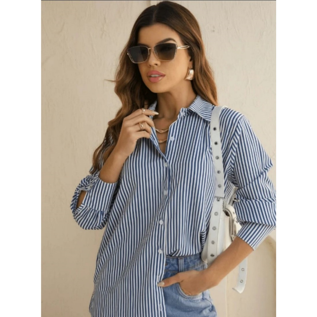 Camisa Social Feminina Listrada Crepe Premium | Blusa Elegante e Confortável- P ao GG