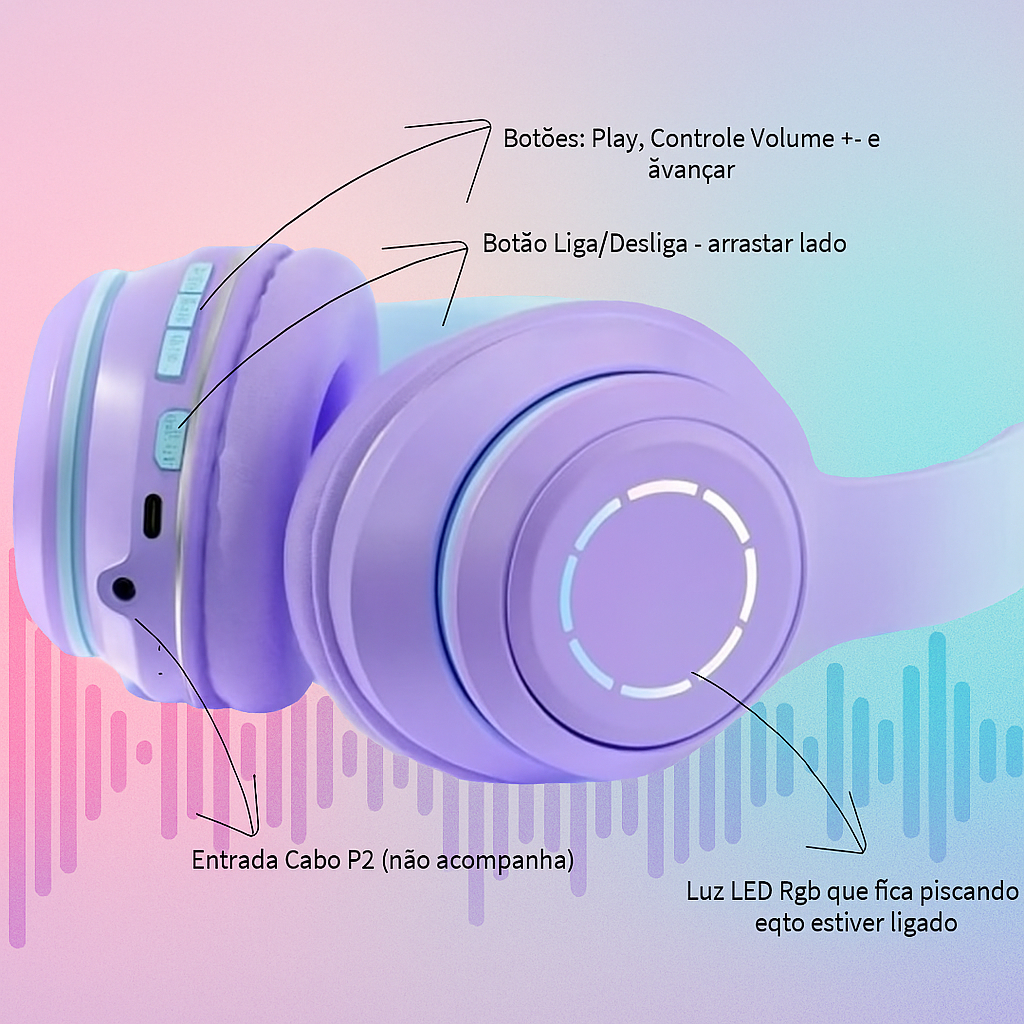 Fone Ouvido Bluetooth 5.3 Sem Fio Luz Led Cabo P2 Microfone Embutido Redução Ruído Colorido Moderno Ajustável Grande - detalhe