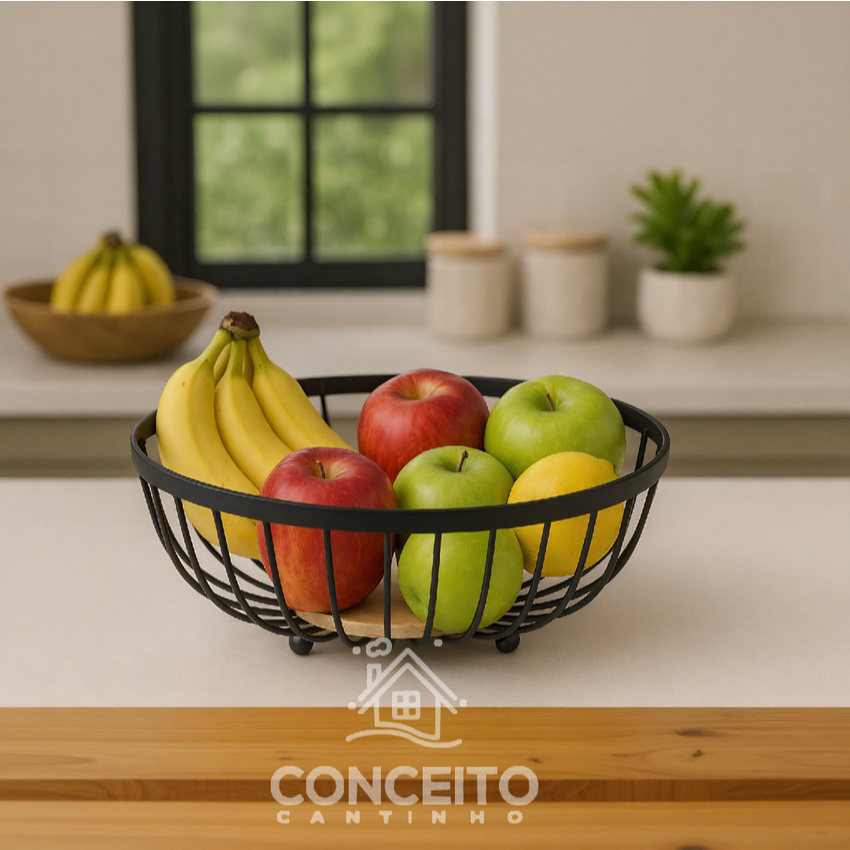 Fruteira de Mesa Rustica de Ferro e Bambu para Café da Manhã de Metal Preto Multiuso