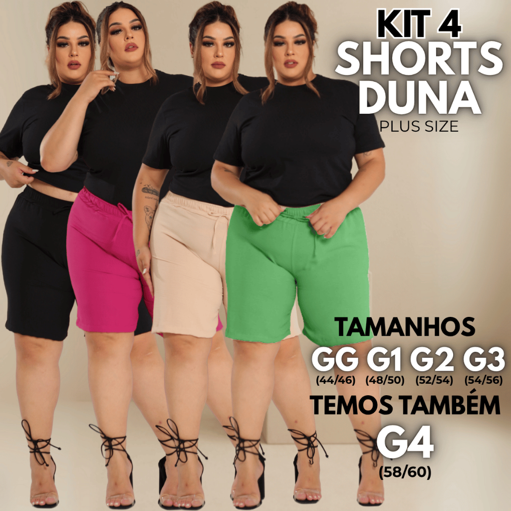 Kit 4 Bermuda Duna Plus Size Calor Cintura Alta Dia a Dia Saída de Praia Leve Soltinho Casual Moda
