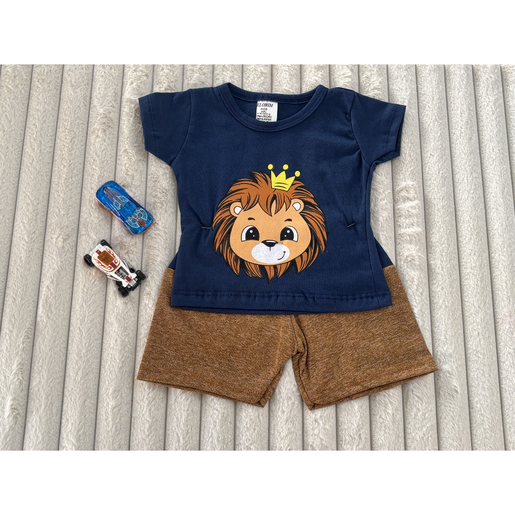 Conjunto de Bebe Short Camiseta Menino Recem Nascido Zebra Tigre Leão Animais Divertidos Confortavel