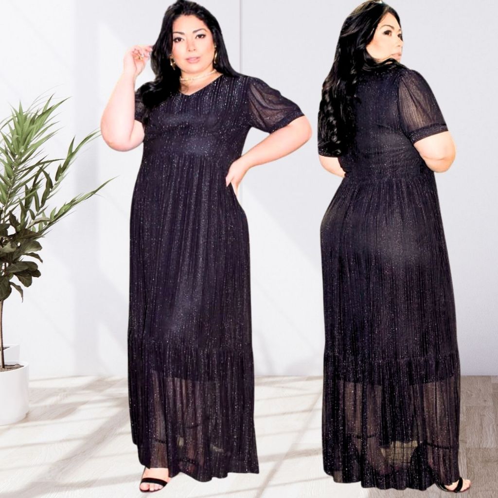 Vestido de Festa Plus Size Longo Evangélico Feminino Casamento Luxo com Brilho com Forro e Bojo