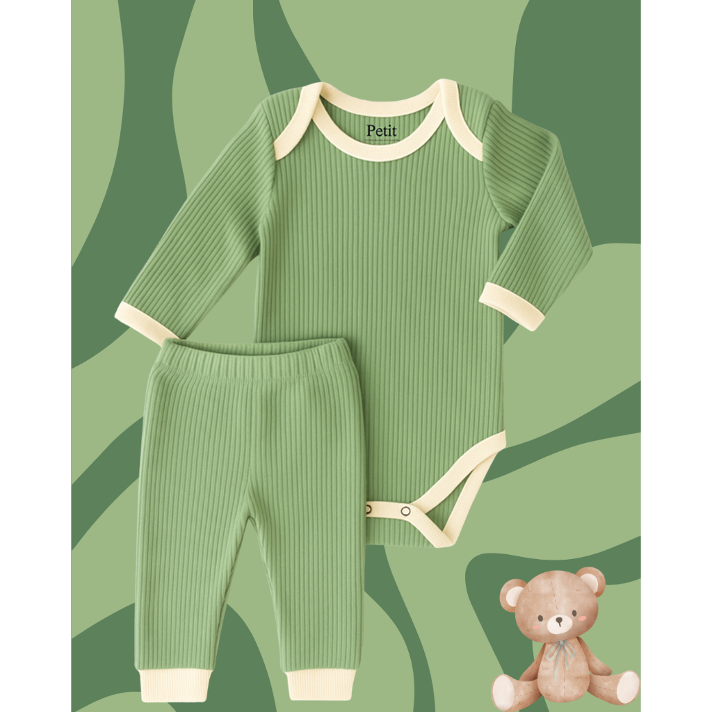 Conjunto Body e Calça Bebê Pagão verde – Ribana 100% Algodão Penteado com Viés Off | Malha Suave e Confortável