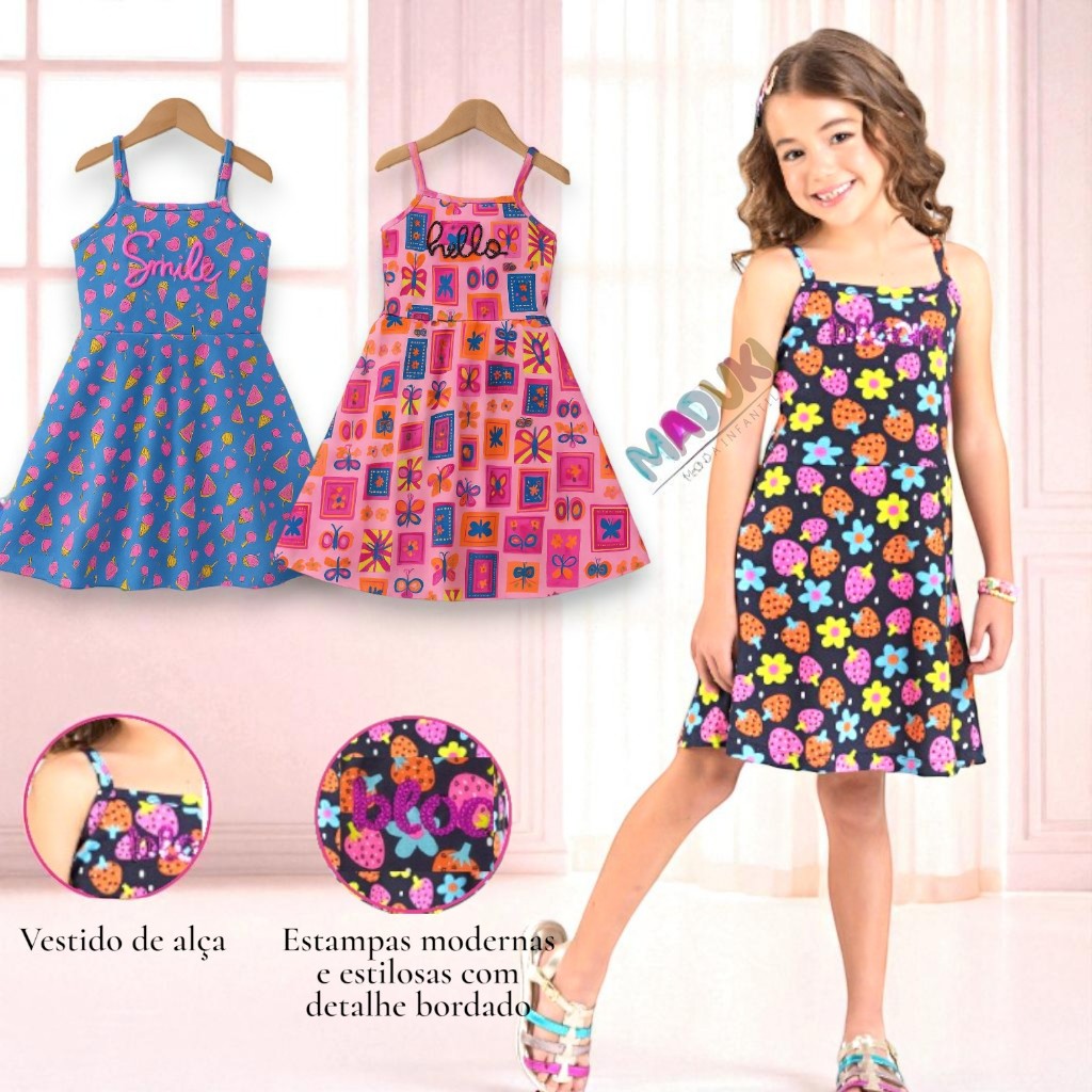 Kit Vestido Infantil Feminino com Alça Menina Verão Estampado com Bordado