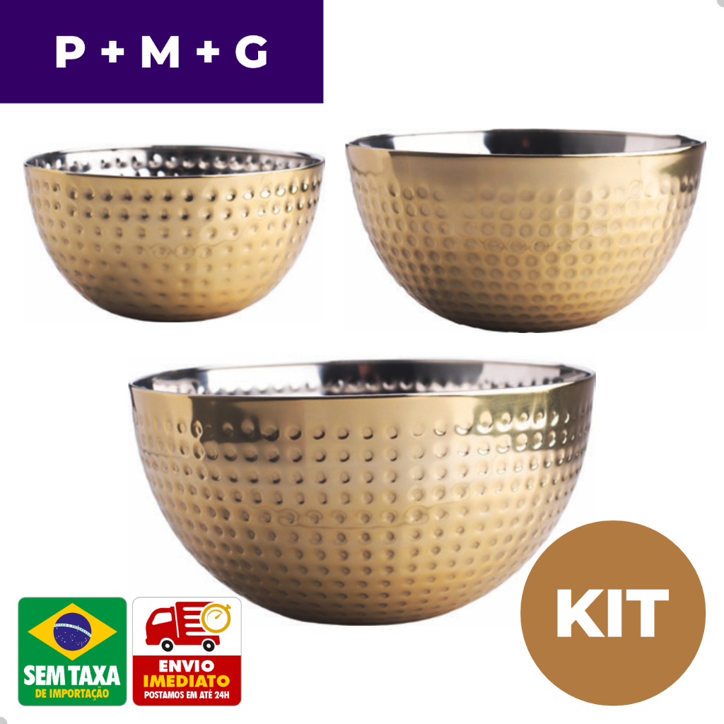 Jogo 3 Saladeiras Marteladas Inox 3,9L P M G Elegante Prata Dourado Em Casa Tem