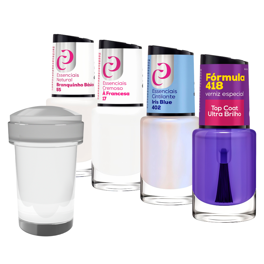 Kit Unha Natural Esmalte Branco Cintilante Azul Ultra Brilho Carimbo Silicone Profissional Manicure