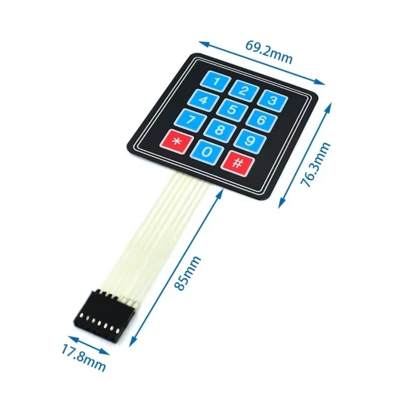 Teclado Matricial Membrana 4x4 com 16 Teclas e Cabo Flat de 8 Pinos - Autoadesivo