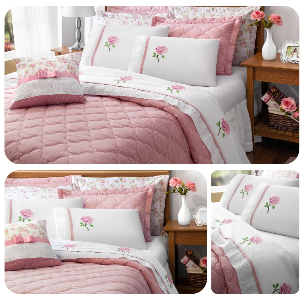 Kit Colcha Queen ou King 07 Peças Percal 180 Fios Matelado Rosê Athena em Oferta na Shopee