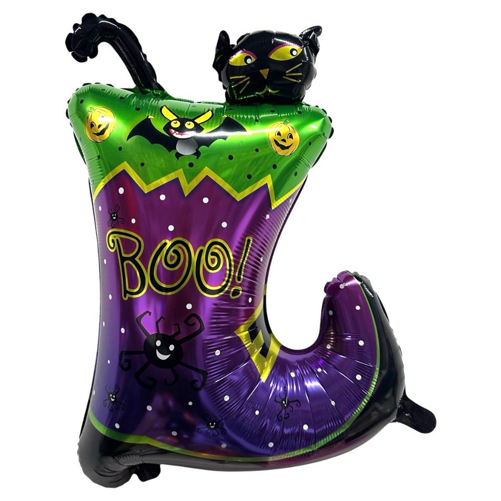 2 Balão Metalizado Bota da Bruxa Boo c/ Gatinho Preto Morcego 73cm Festa Terror Decoração