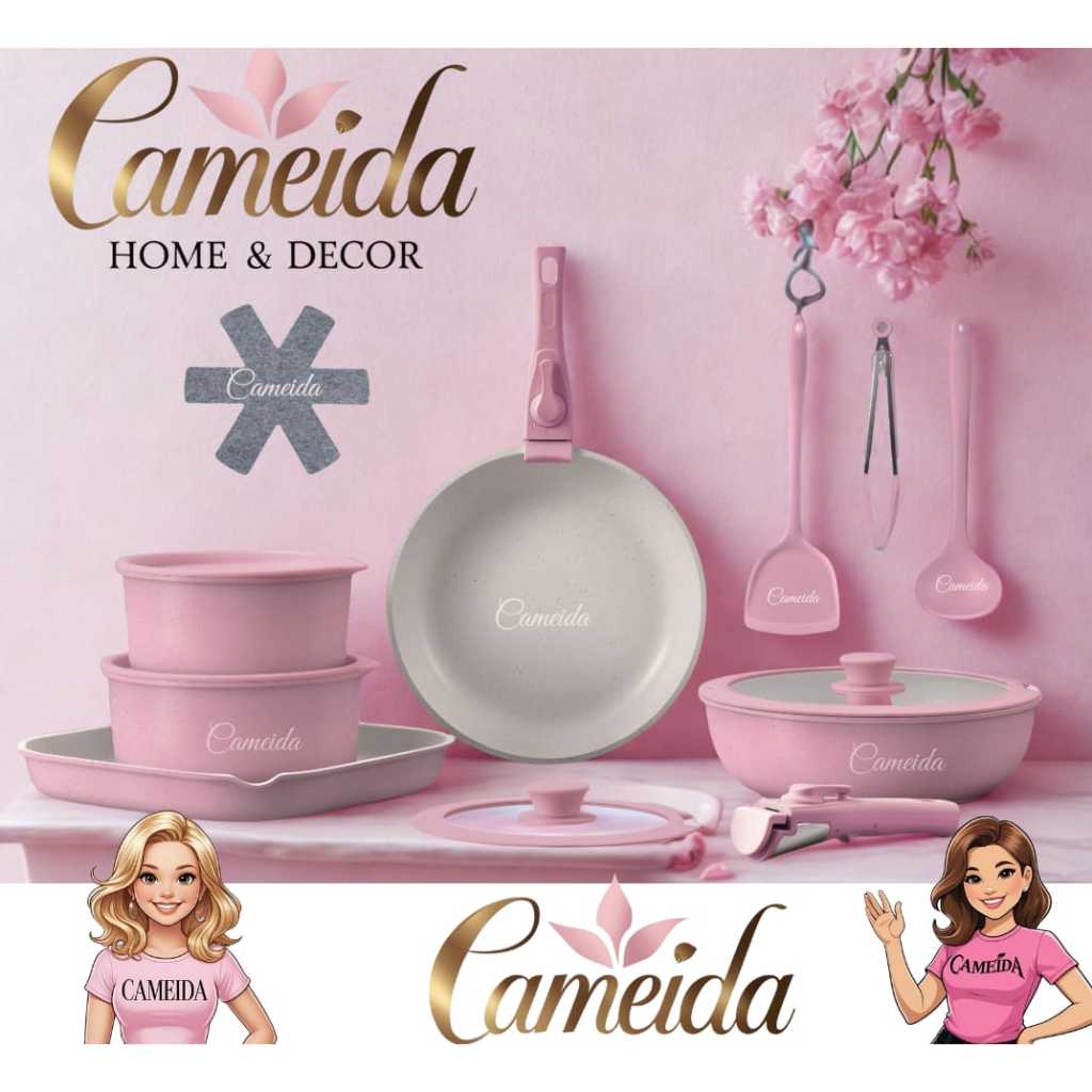 Jogo de Panelas Luxo Rosa 15 Peças  c/ Forma c/ Cabo Removível e Utensílios  Pode ir ao Forno/Todos os Fogões-Lava Louça