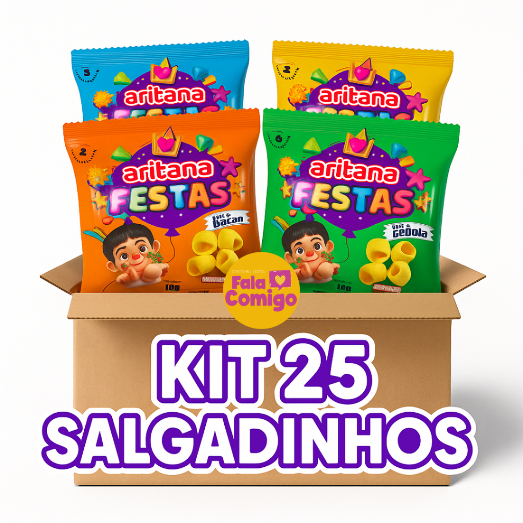 Kit 25 Salgadinhos Sortidos de 15g Cada Requeijão Bacon Cebola Queijo Aritana