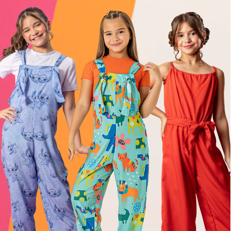 MACACÃO LONGO INFANTIL MENINA COM BLUSINHA CROPPED ELEGANTE ESTAMPADO STITCH DIVERTIDAMENTE