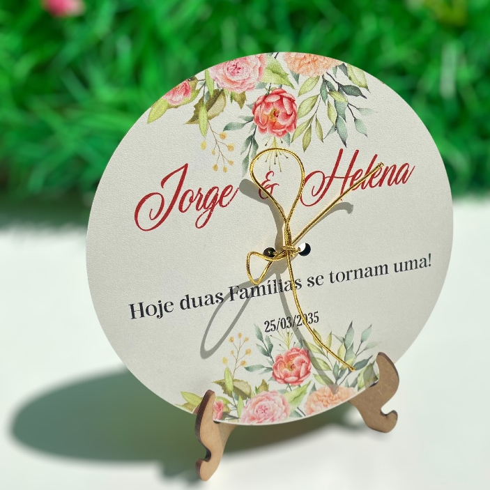 Porta Aliança Personalizado com nomes para Casamento com Suporte + Fita