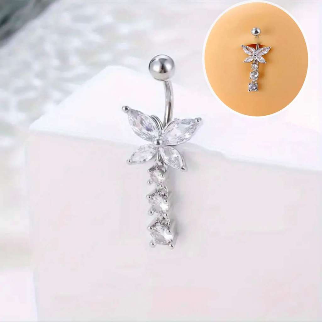 Piercing Pingente de Flor/ Borboleta de Umbigo Com Pedraria de Zircônia