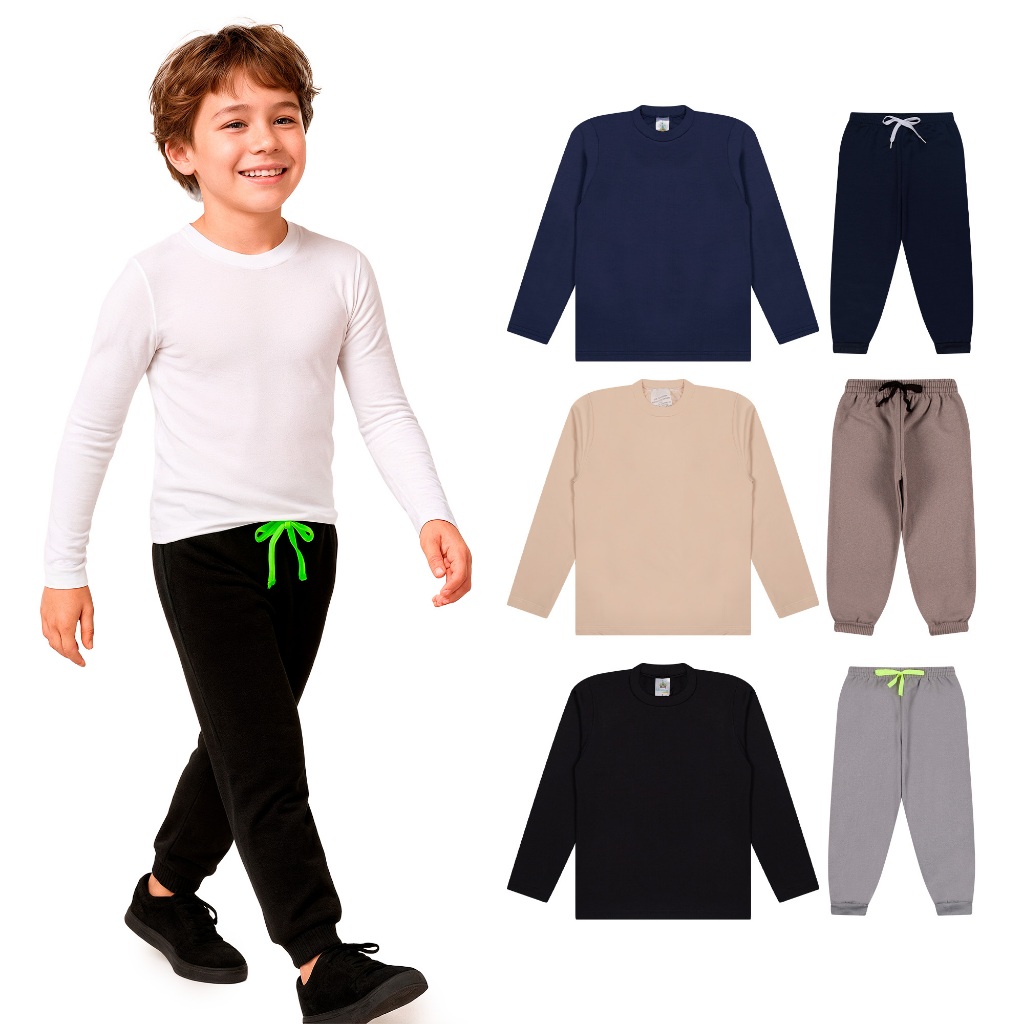 Kit 2, 4 ou 8 Peças Conjunto Blusa Térmica Manga longa e Calça Moletom Menino Infantil Meia Estação Masculino Inverno