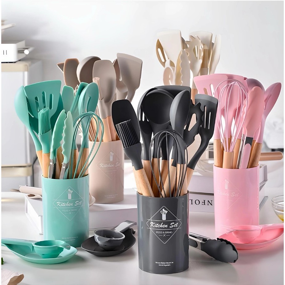 Conjunto Utensílios de Cozinha 12 Peças em Silicone com Suporte Resistentes ao Calor Antiaderentes Ideais para Cozinha