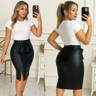 Saia Lápis Couro Fake com Laço Cintura Alta Elegante Evangélica em Oferta na Shopee