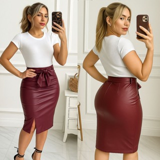 Saia Lápis em Courino com Cinto Laço em Oferta na Shopee