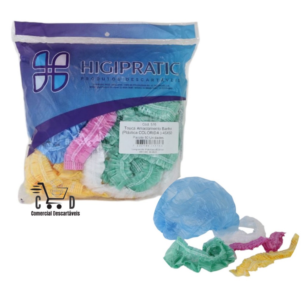 Touca Plástica Descartável 100UN Colorida - Banho e Salão 45x50