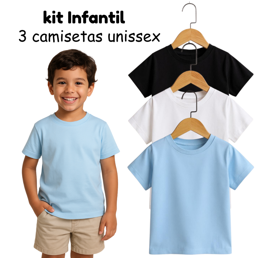 Camiseta infantil Kit 3 Camisetas Menino 100% Algodão Camiseta Infantil Básica Lisa Azul Bebê