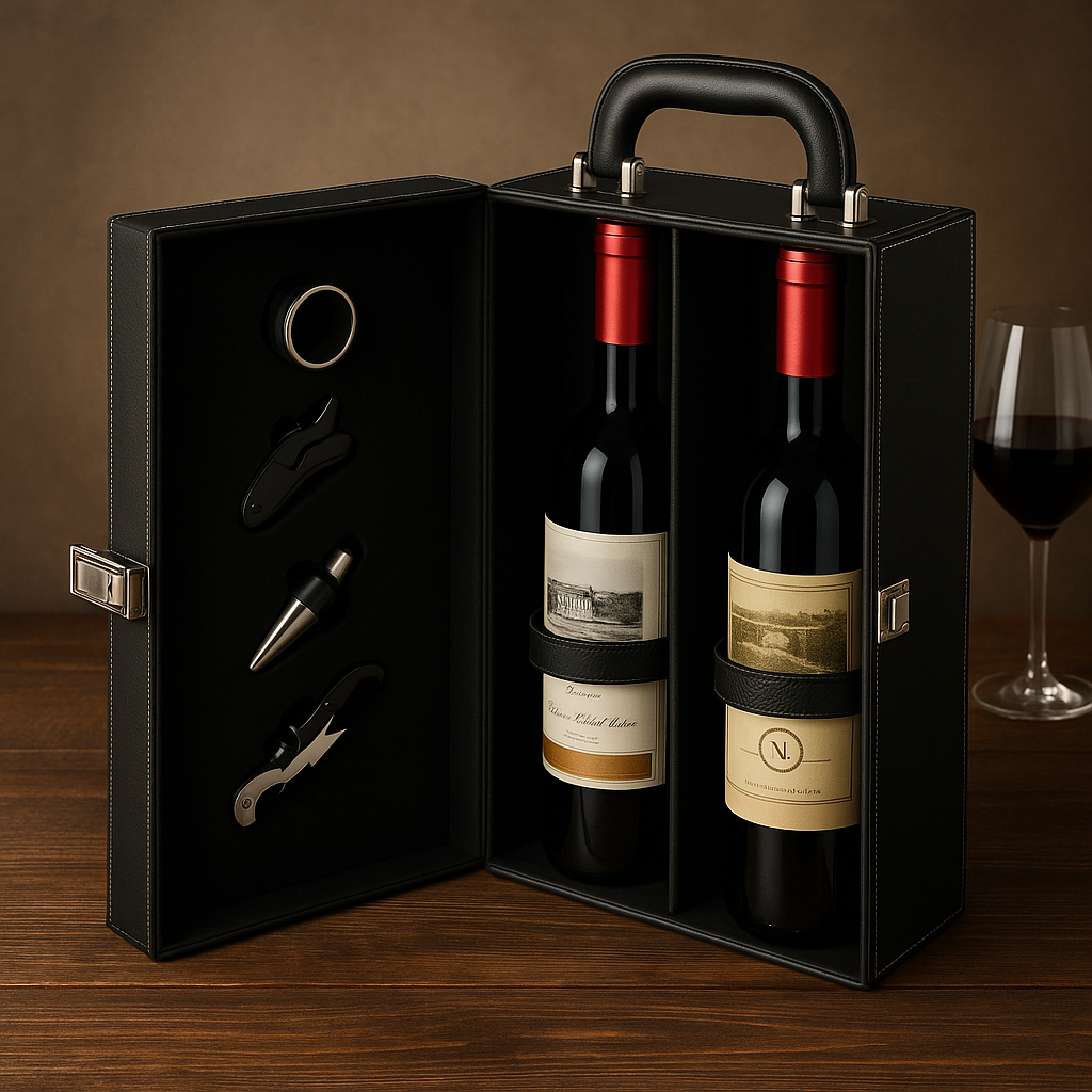 Kit Maleta Luxo Para Vinho Preta Ou Marrom De Couro Ecológico + 4 Peças