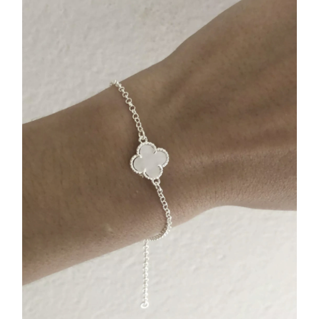 Pulseira de prata 925 trevo pedra branca perolada