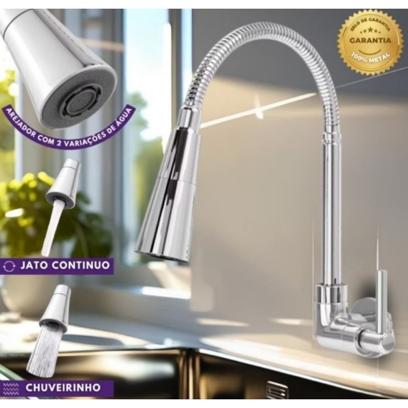 Torneira Pia Cozinha Gourmet Inox Chuveirinho Cozinha Parede Flexível 2 Jatos METAL INOX
