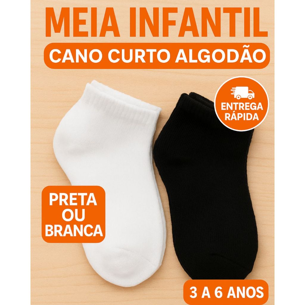 Kit 3 a 12 Pares Meia Infantil Cano Curto Algodão 3 a 6 Anos Unissex Confortável para Escola e Dia a Dia