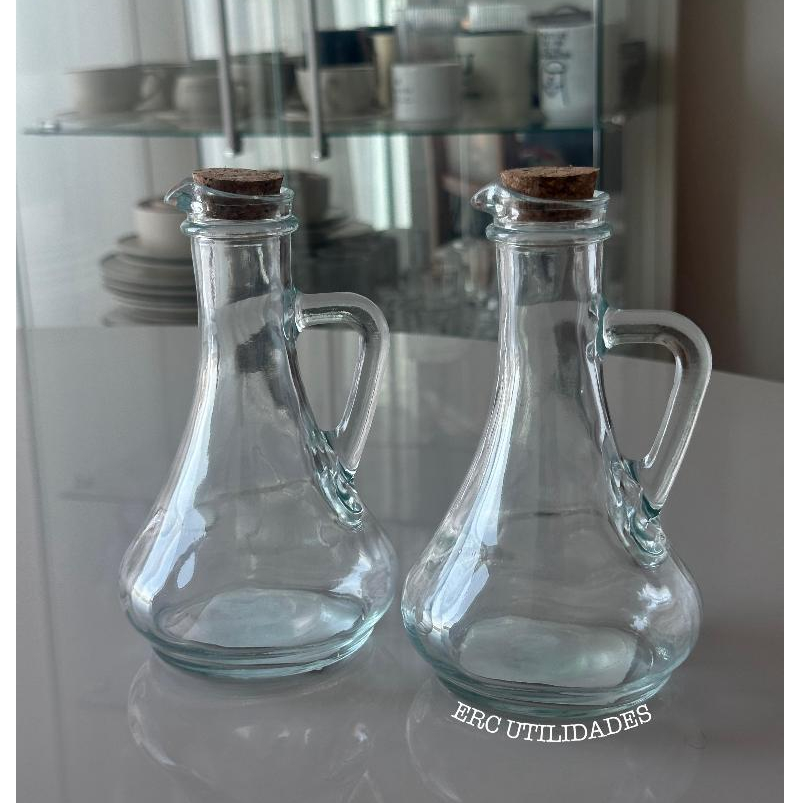 Kit 2 Galheteiros Borrossilicato Porta Azeite Vinagre Vidro Tampa Cortiça 180 ml