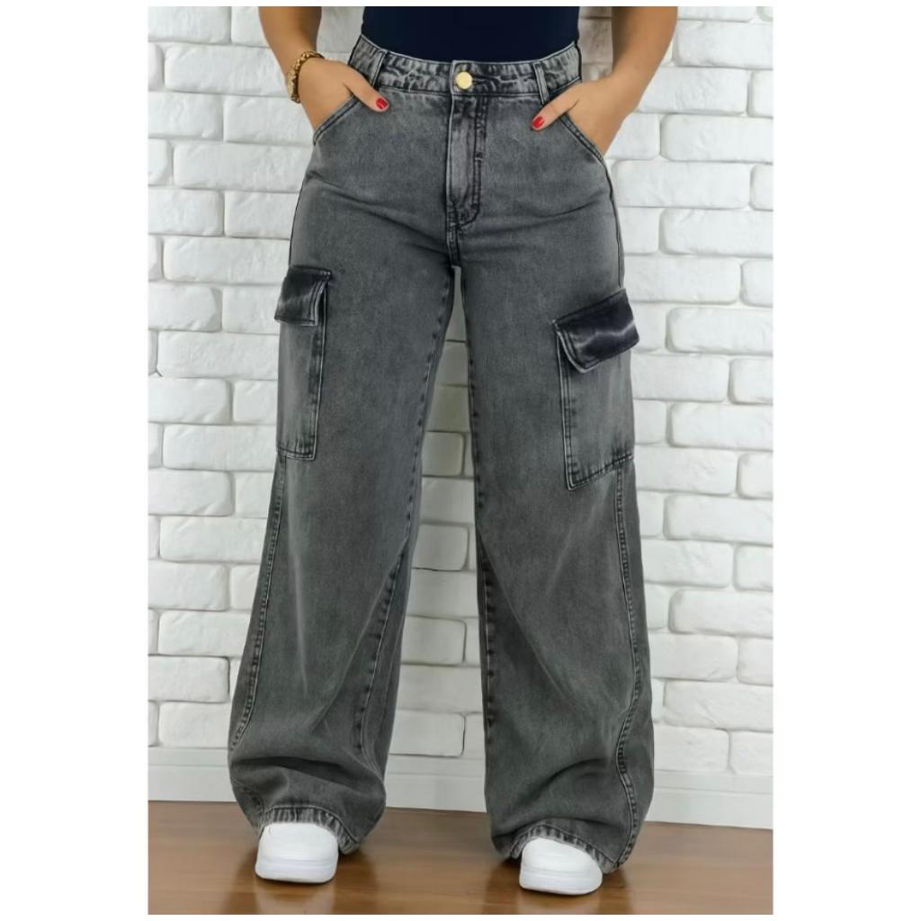 Calça Jeans Feminina Wide Leg Cargo Grafite 34 AO 54 em Oferta na Shopee