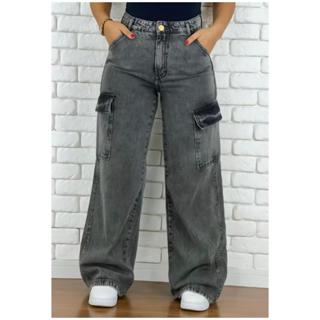 Calça Jeans Feminina Wide Leg Cargo Grafite 34 AO 54 em Oferta na Shopee