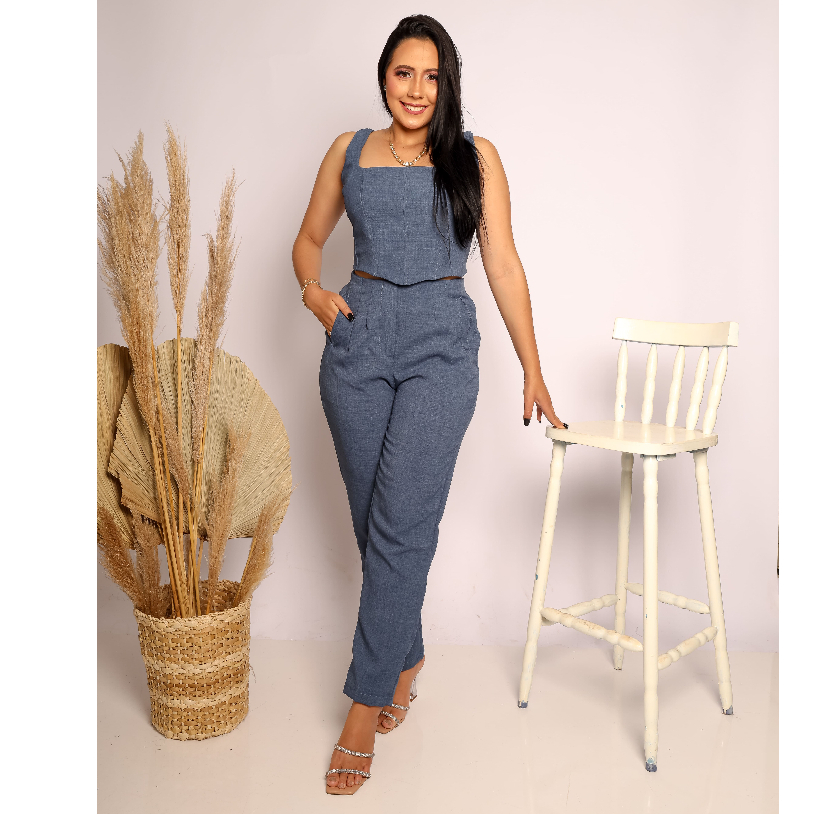 Conjunto Feminino Social Corselete Alça Casual e Calça Reta wid leg Clássico e Elegante