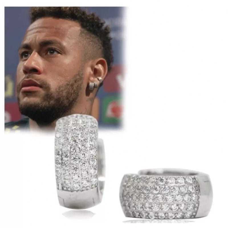 Brinco argola prata cravejada Neymar zircônia masculino par de brincos