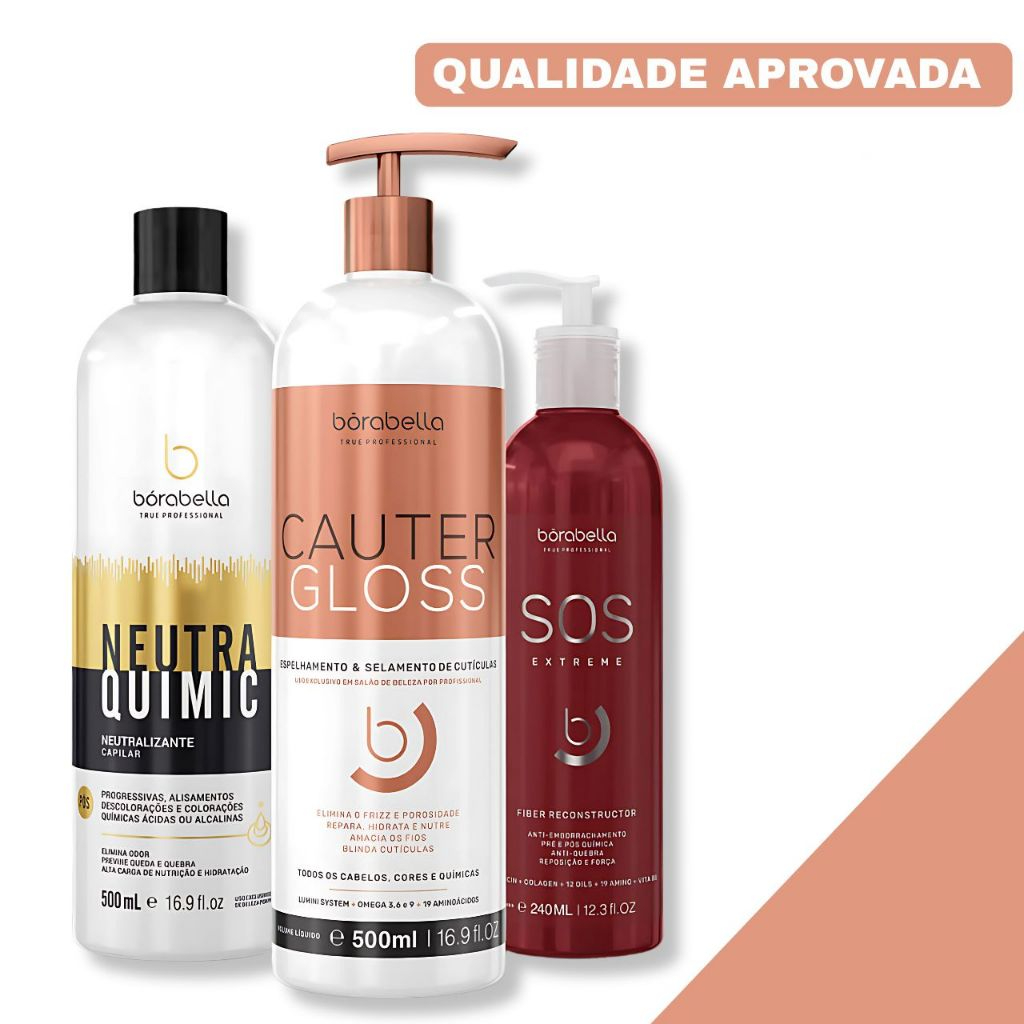 Borabella NeutraQuimic Neutralizador de pH - 500ml + Cauter Gloss Cauterização - 500ml + SOS Extreme Reconstrução- 240ml