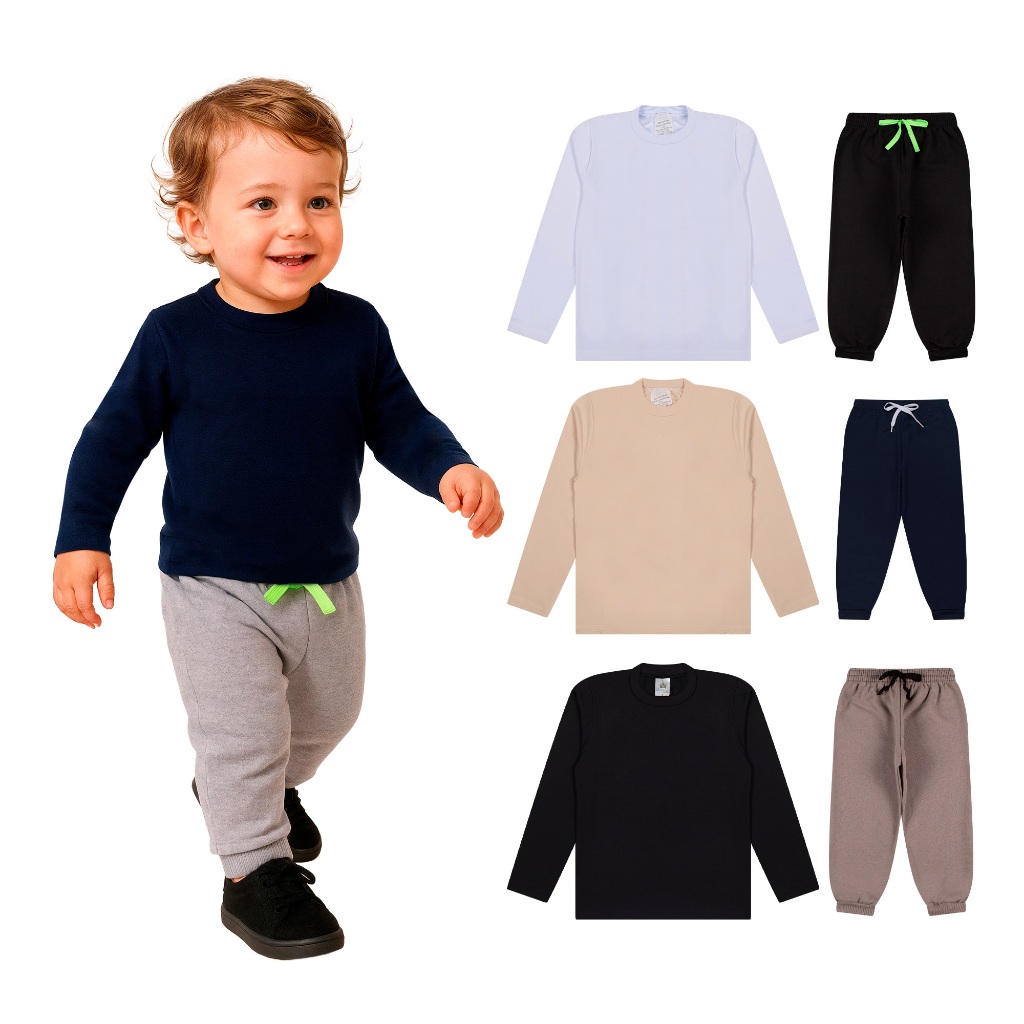 Kit Bebe 2, 4 ou 8 Peças Conjunto Blusa Térmica Manga longa e Calça Moletom Menino Meia Estação Masculino Bebê para Frio em Oferta na Shopee