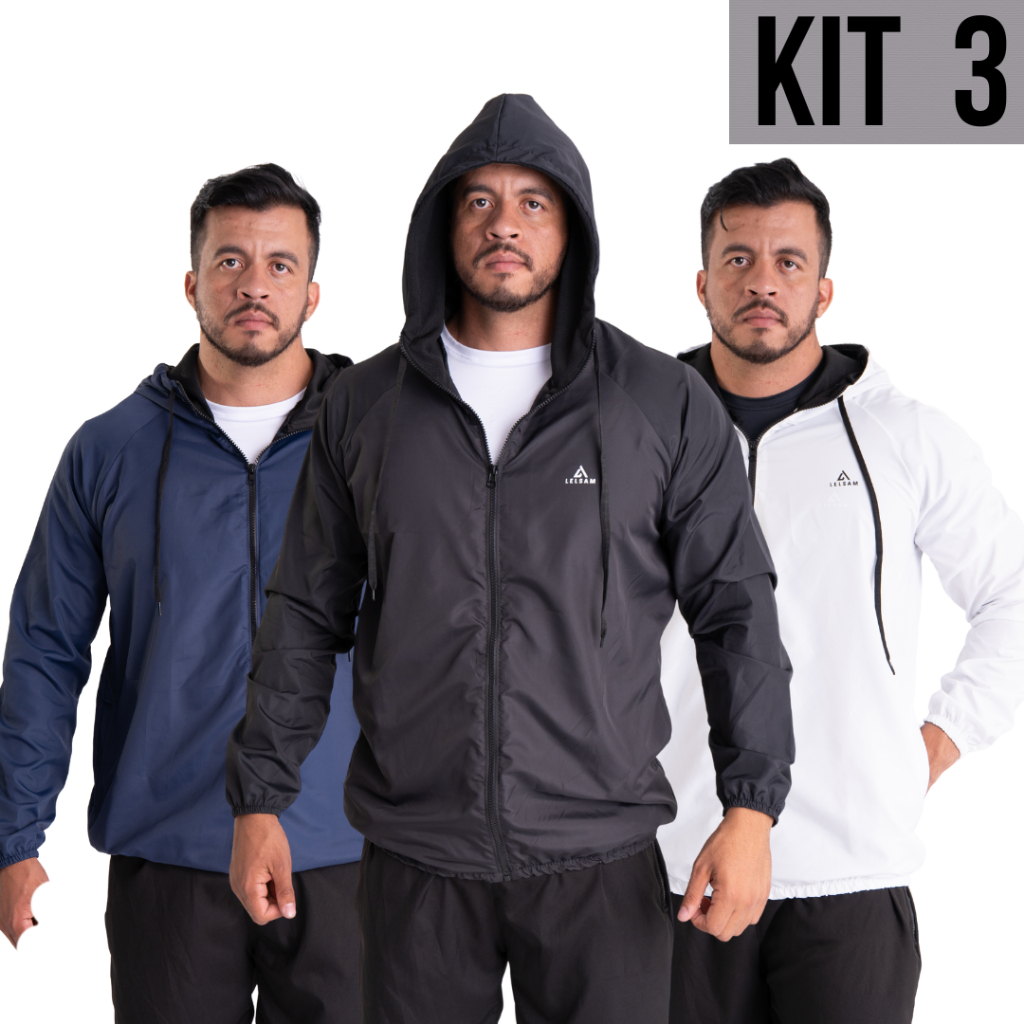 Kit 3 Jaqueta corta vento repelente á água capuz forrado bolso lateral reforçado casual ou treino em Oferta na Shopee